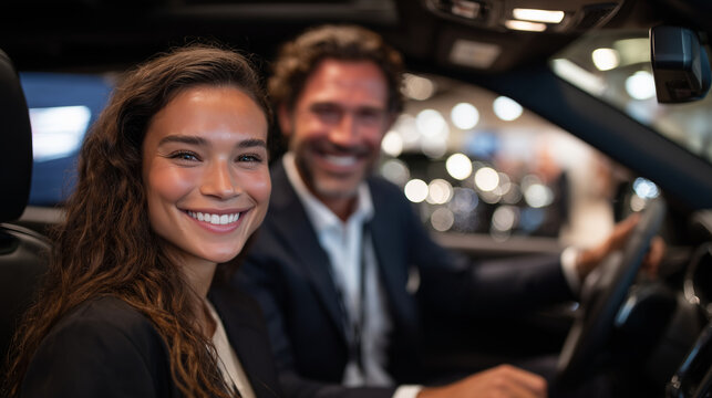 Auto expert enthusiastically demonstrating interior tech inside a premium sedan while female customer sits in driver seat smiling, cars lined in background