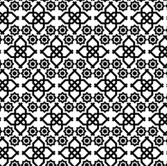 black and white seamless pattern, monochrome geometric repeating pattern, Islamic geometric art, four-lobed or quatrefoil shape, prominent repeating, symmetry, tessellation, star and stylized, eight