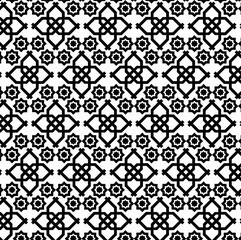 black and white seamless pattern, monochrome geometric repeating pattern, Islamic geometric art, four-lobed or quatrefoil shape, prominent repeating, symmetry, tessellation, star and stylized, eight