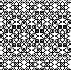 black and white seamless pattern, monochrome geometric repeating pattern, Islamic geometric art, four-lobed or quatrefoil shape, prominent repeating, symmetry, tessellation, star and stylized, eight
