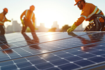 Solar Panel Installation on Community Center Roof at Sunrise