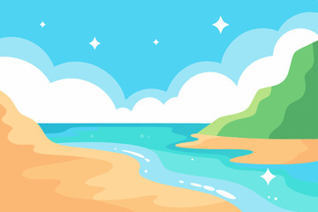 Fototapeta premium Serene Beachscape Tranquil Ocean, Sandy Shores, and Lush Green Hills