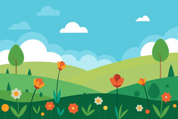Vibrant Spring Meadow Blooming Flowers and Rolling Hills Landscape Illustration