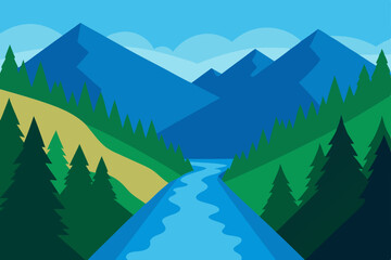 Fototapeta premium Serene Mountain River Landscape A Picturesque View of Nature's Beauty