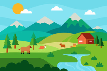 Obraz premium Serene Mountain Farm Landscape Picturesque Rural Scene with Animals