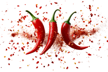 Red hot chili peppers arranged in a circular pattern on a plain transparent background
