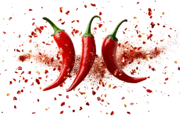 Gardinen Red hot chili peppers arranged in a circular pattern on a plain transparent background © MdBelal