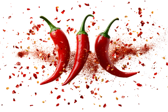 Red hot chili peppers arranged in a circular pattern on a plain transparent background