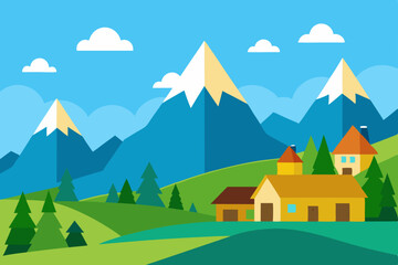 Obraz premium Serene Mountain Village A Picturesque Landscape Illustration