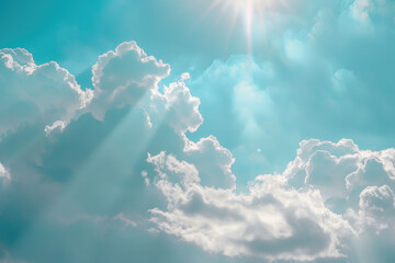 Ethereal sunlight streaming through soft clouds in a vivid blue sky