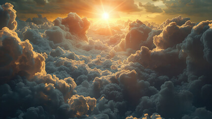 Dramatic sunset with rich golden hues illuminating clouds, creating a vibrant and warm atmosphere