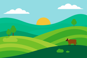 Fototapeta premium Serene Sunrise Over Rolling Green Hills and Grazing Cow A Pastoral Landscape Illustration