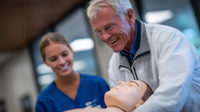 Medical student practicing CPR on mannequin in a clinical skills lab, instructor observing