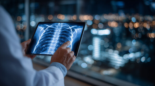 Digital tablet displaying 3D skeletal system scan, orthopedic surgeon reviewing fracture details