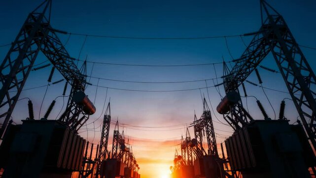 High voltage electrical power substation showing large transformers against a beautiful sunset sky, electricity distribution footage.