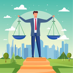 Principles and business ethic to do right things, social responsibility or integrity to earn trust, balance and justice for leadership concept, confident businessman leader lift balance ethical scal