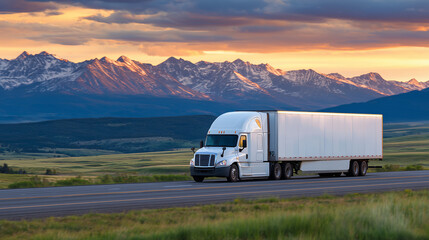 Long-haul semi-truck driving on an open highway at sunset, surrounded by wide plains and mountains in distance