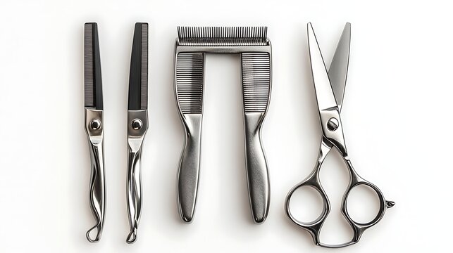 A top view of two thinning shears, a u shaped comb, and a pair of scissors on a white background