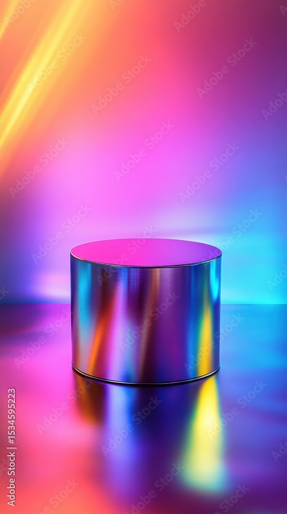 Poster shiny cylinder podium on a vibrant colorful illuminated background with reflection and gradient ligh
