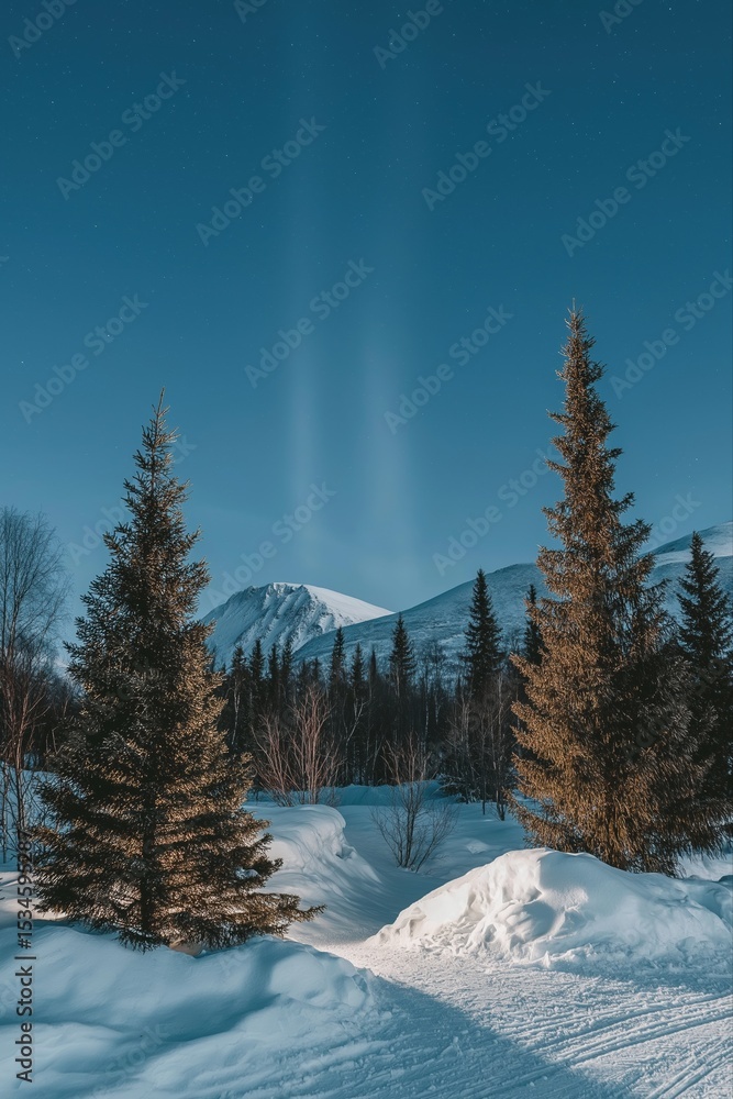Poster a snowy mountain range with two evergreen trees in the foreground. the trees are lit up with christm
