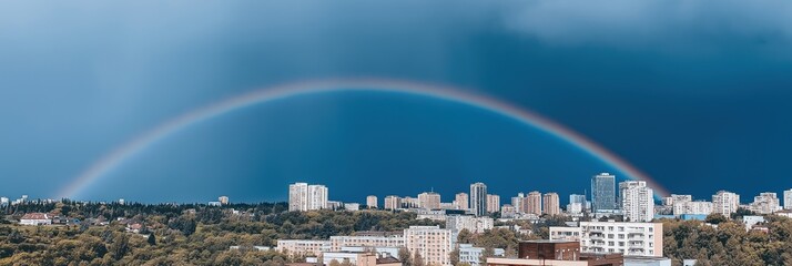 Fototapeta premium A rainbow is seen over a city with tall buildings. The sky is cloudy and the rainbow is bright and colorful