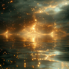 Shimmering golden orbs rising above a reflective surface under a cloudy sky, creating a dreamlike atmosphere