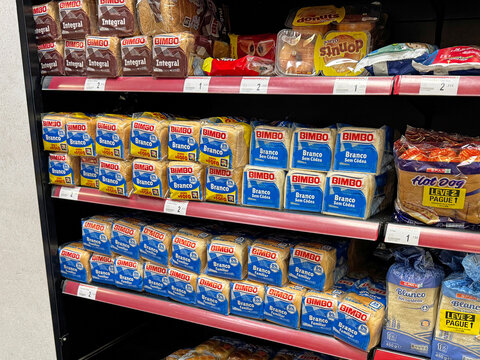 Tavira, Portugal  - December 24, 2024: Supermarket shelf with Bimbo sandwich bread.