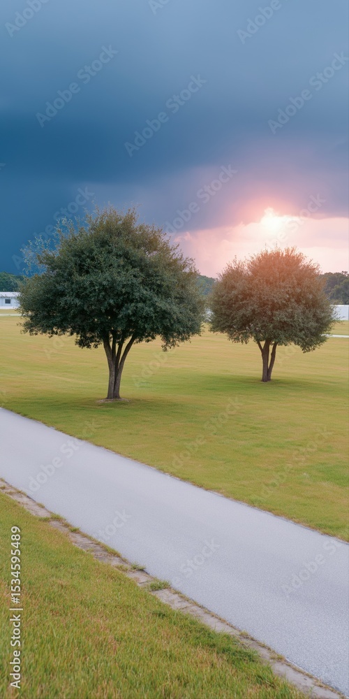 Poster two trees are in a field with a path in between them. the sky is cloudy and the sun is setting
