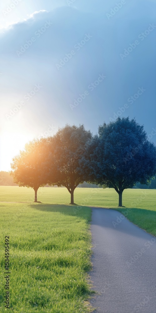 Poster a path runs through a field of grass and trees. the sky is cloudy and the sun is setting