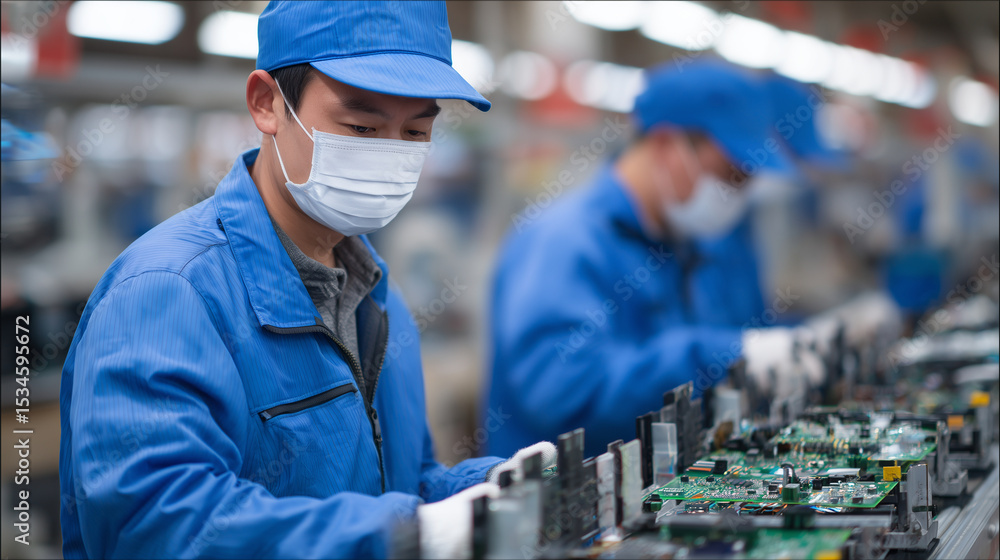 Aufkleber assembly line of consumer electronics, workers soldering circuit boards with precision tools