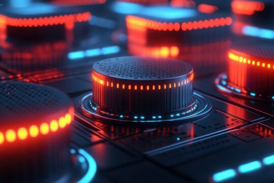 Close up of glowing control knobs with red and blue lights on a dark futuristic surface panel - Powered by Adobe