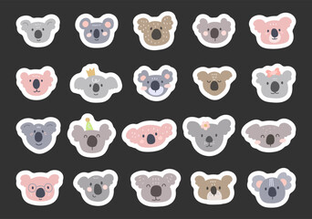 Charming cartoon koala face set created for and scandinavian style with cute animal friendly character head for yours illustration and creative designs projects