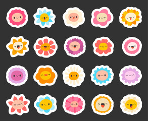 Flower character face scandinavian style set created using botanical cartoon symbols blooming shapes smile decoration for yours illustration and creative designs projects
