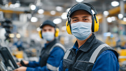 Workers wearing ear protection and masks operating heavy machinery in noisy manufacturing environment