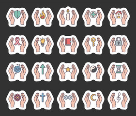 Spiritual abstract symbol set of elements with hands, flame, candle, house, key, lock, book, shield, moon, hourglass, star, ribbon, treble clef, mandala, and infinity
