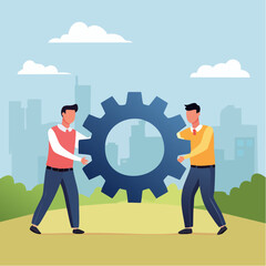 Employee engagement, teamwork collaboration or team strategy working together, partnership, community to help organization success concept, businessman colleagues help connect cogwheel gear together