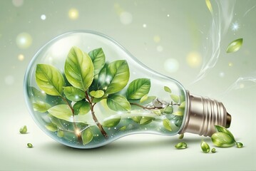 Light bulb with green leaves symbolizing renewable energy concept  
