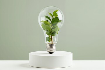 Light bulb with green plant inside on a white pedestal against wall  