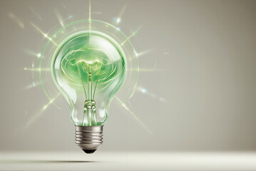 Green light bulb glowing with sparkles against a neutral background  