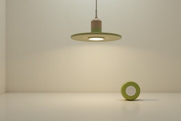 Modern green pendant lamp illuminating minimalist interior space  