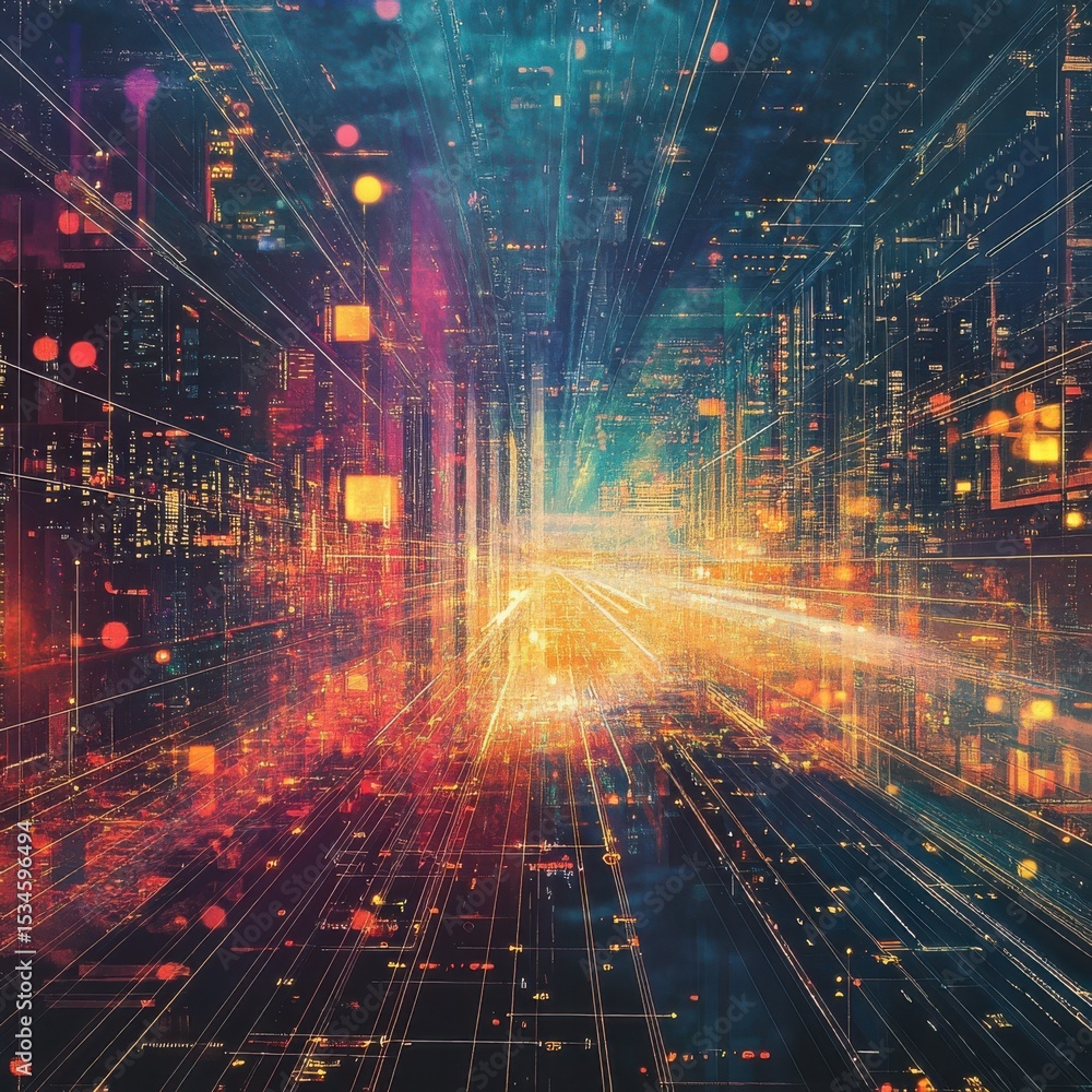 Poster abstract digital cityscape with glowing lines and geometric shapes creating a futuristic scene view
