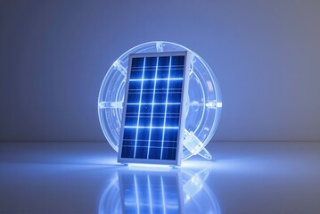 Solar panel with illuminated design displayed on reflective surface  