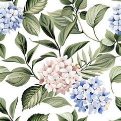 Elegant floral pattern featuring lush hydrangea blooms and green foliage on a black abstract background ideal for textiles and designs