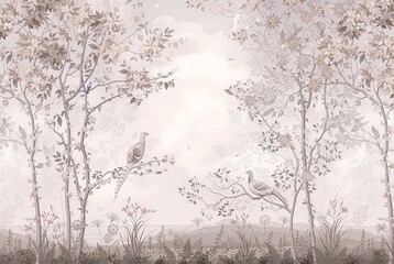 Soft pastel landscape with birds perched on branches in serene nature  