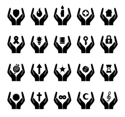 Spiritual abstract symbol set of elements with hands, flame, candle, house, key, lock, book, shield, moon, hourglass, star, ribbon, treble clef, mandala, and infinity