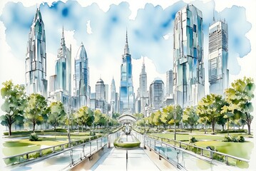 Urban skyline illustration with modern buildings and green park  