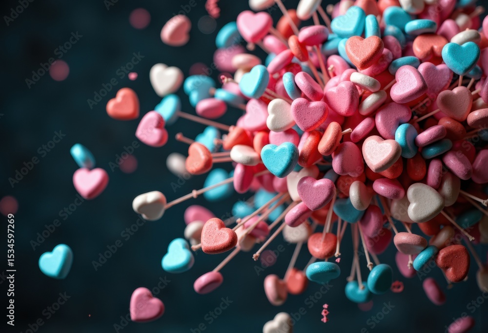Poster colorful heart-shaped pins clustered together with some floating around on a dark background