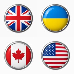 Flag icon set of UK, Ukraine, Canada, and USA