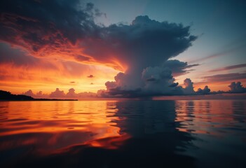 Vibrant sunset over calm water with dramatic cloud formations and colorful sky