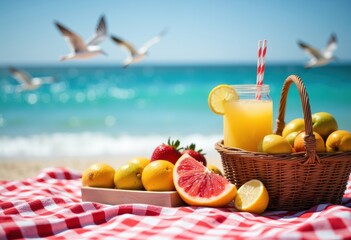 Refreshing summer drink and fresh fruits on a beach picnic blanket
